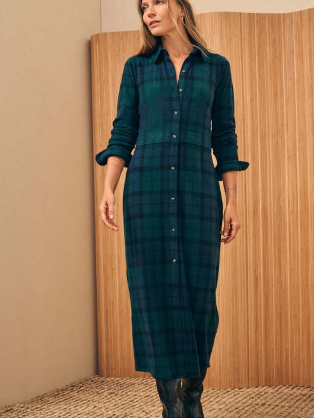 Faherty Button-Front Green Plaid Shirt Dress